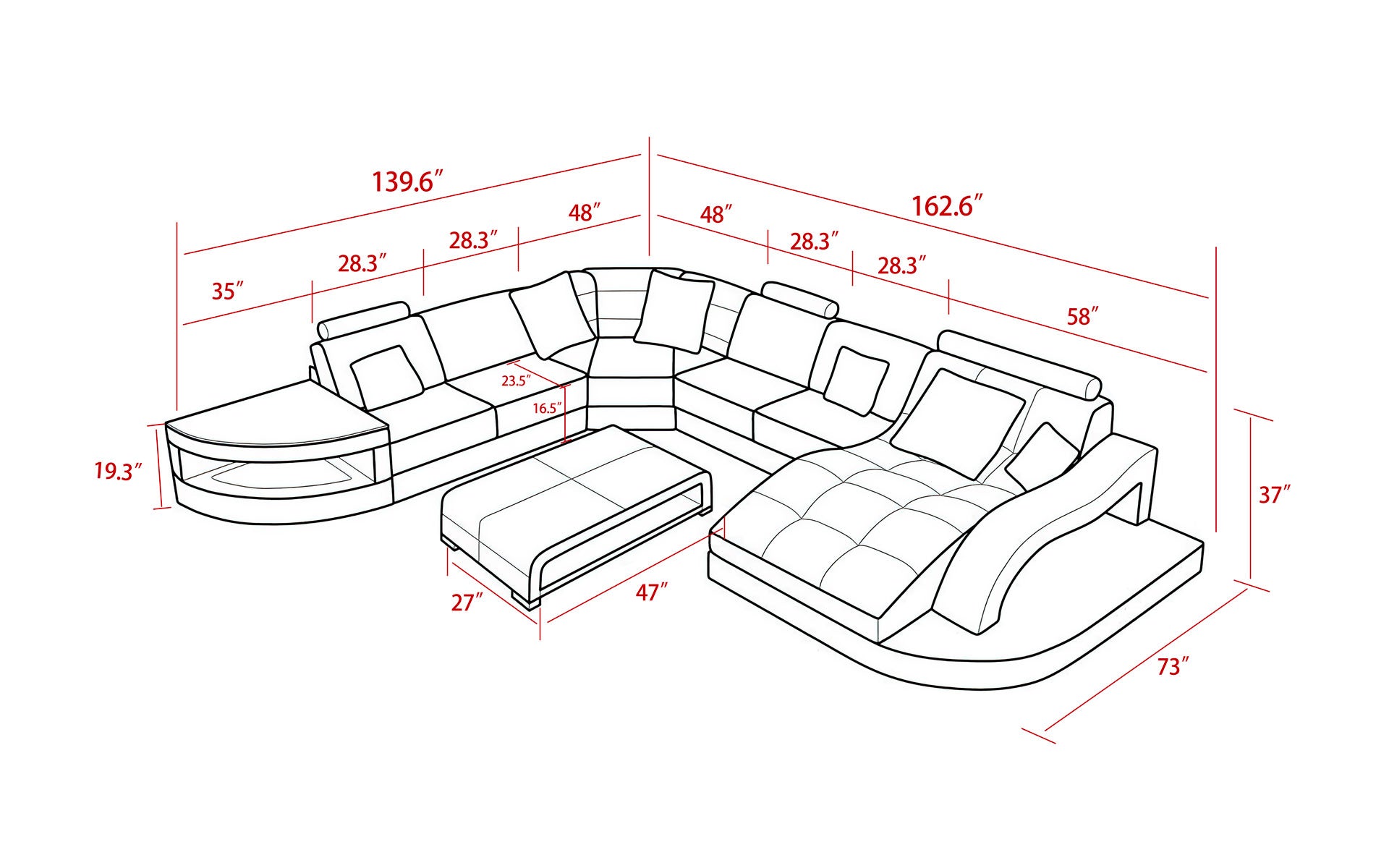 Navasota Large Leather Sectional with Shape Chaise