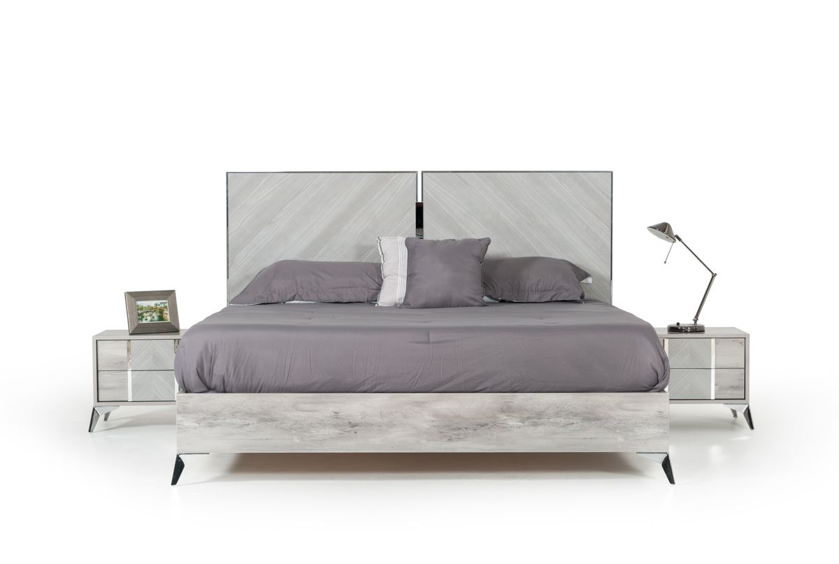 Ada Domus Alexa Italian Modern Grey Bed + 2 Nightstands Set