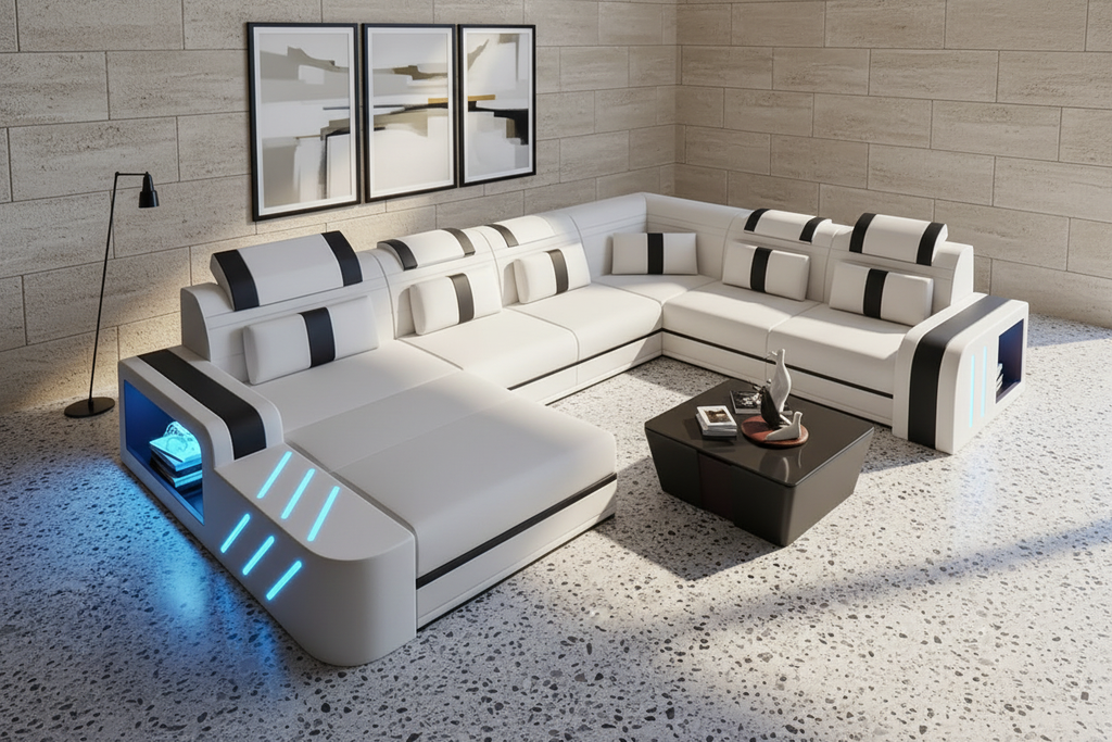 White base with black trim sectional with limestone wall