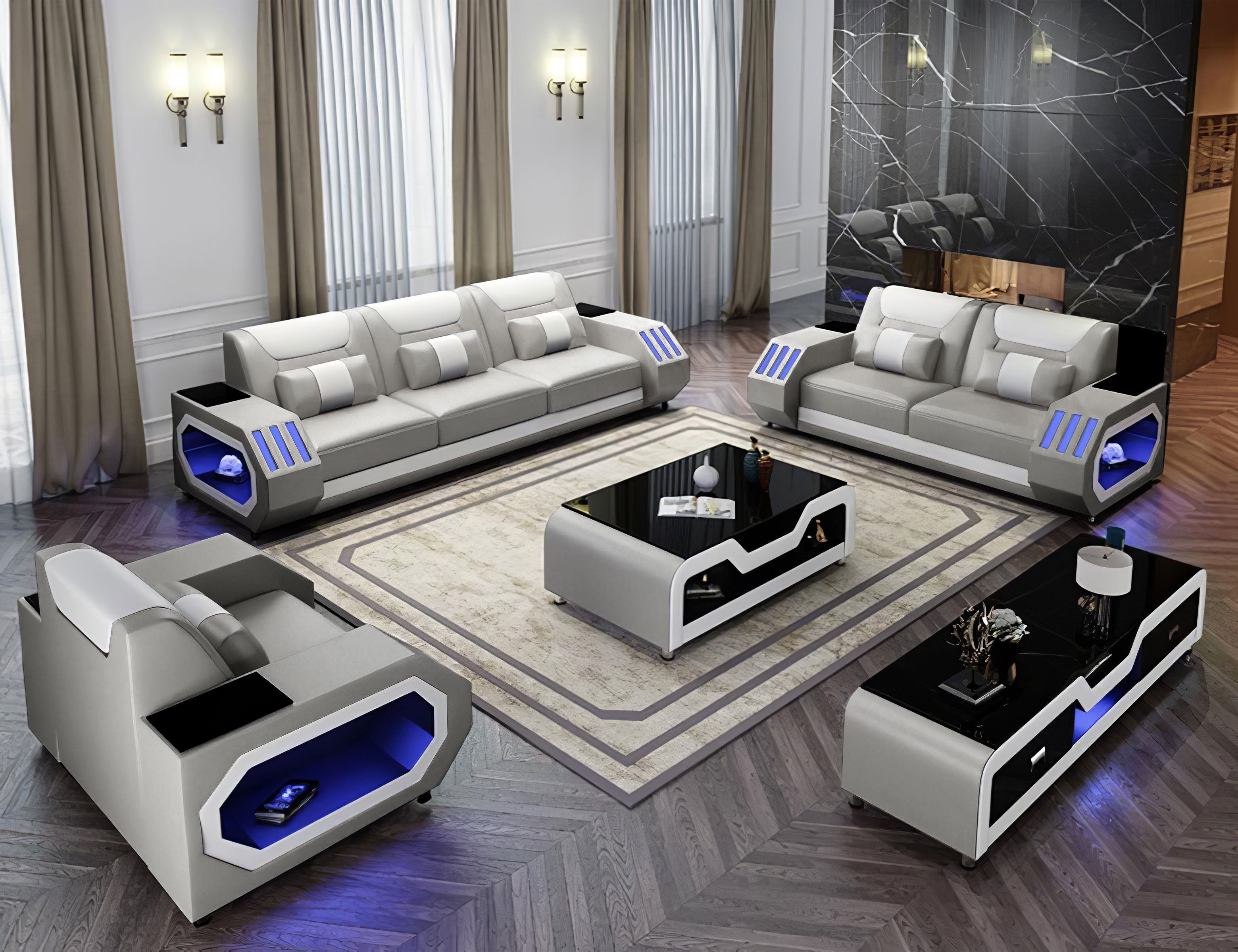 Omont 3-Piece Sofa Set with LED Lights | Modular Living Room Furniture
